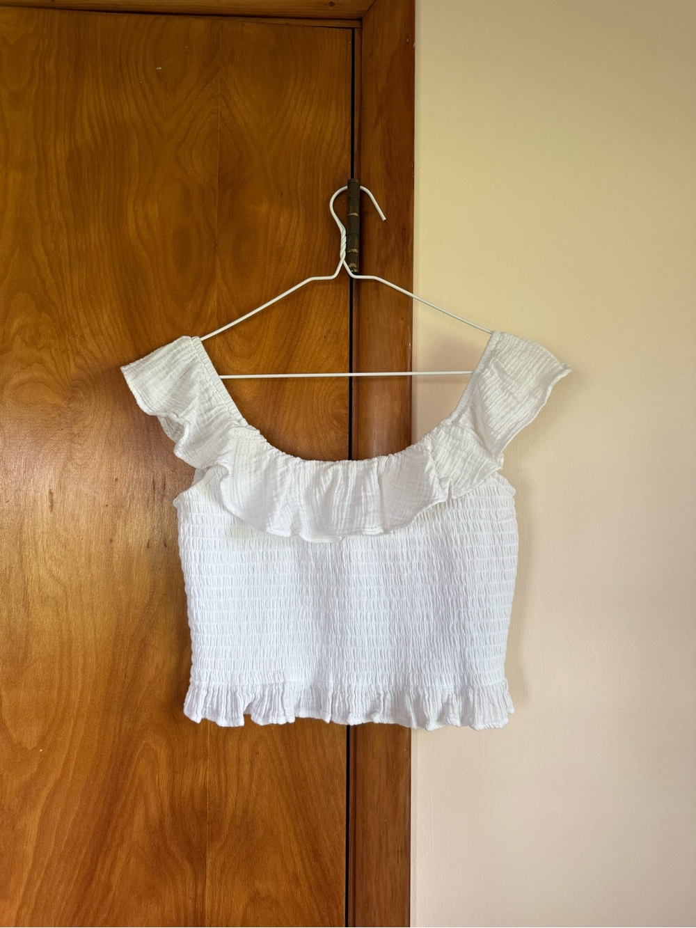 American Eagle Outfitters White Smocked Ruffle Crop Top